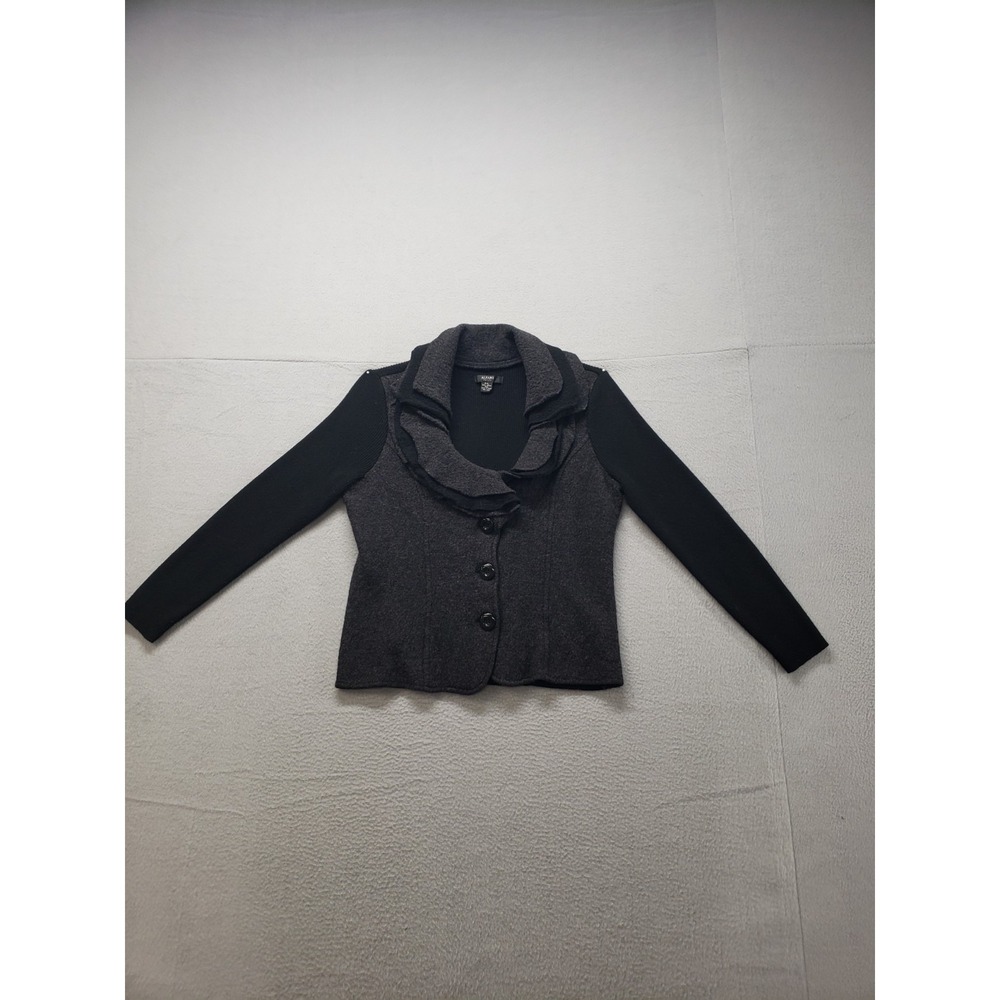 Alfani Women Sweater PL Gray Black 100% Wool‎ Button Front Long Sleeve Pullover